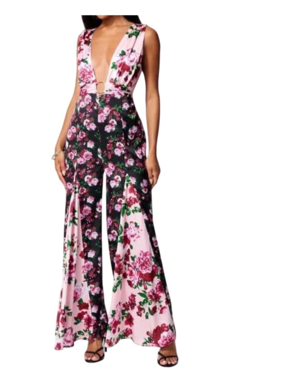 Bebe Floral Deep V Godet Leg Jumpsuit Sangria/Rose Soiree Size S